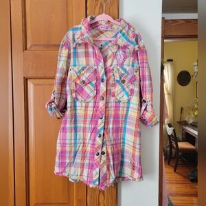 Like New Influence Girls Colorful Plaid Button-Up Fringe Hem Shirt Tunic Dress 8